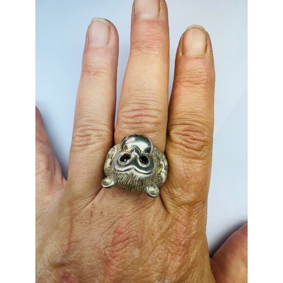 Estate Sterling Silver 925 3D Monkey Ring Black Onyx Eyes Adjustable Size 10 - Picture 7 of 10
